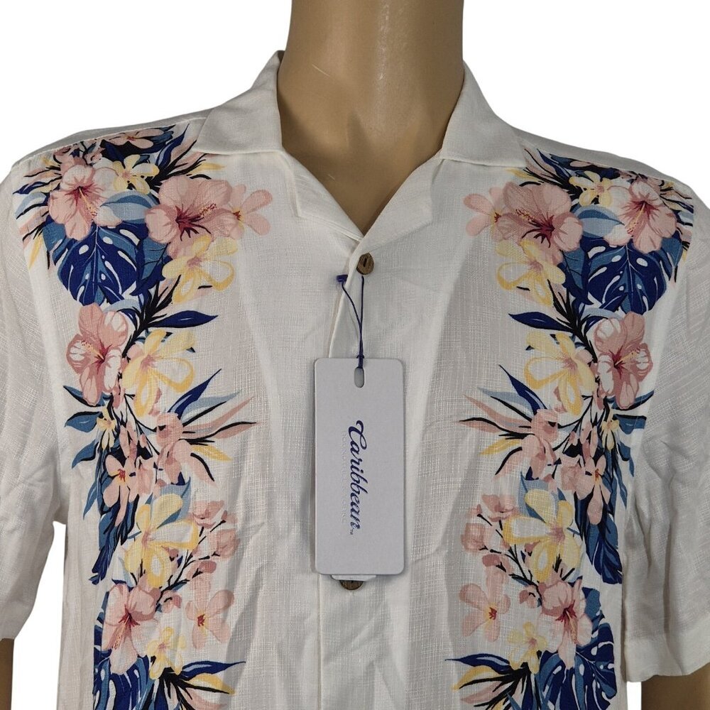 Caribbean Men's Shirt Size M Floral Tropical Button Up Short Sleeve White (52)